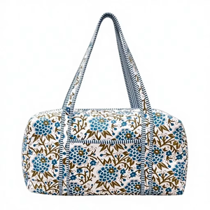 Durable Cotton Floral Printed Textile Duffel <b>Bag</b> with Striped Handles Zipper Closure Large Capacity Weekender <b>Travel</b> <b>Bag</b> - Product Image 3