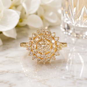 Premium 14K <b>Gold</b> Round Floral <b>Ring</b> with Diamond Look Stones Stylish Bridal Jewelry for Women Supplier - Product Image 1