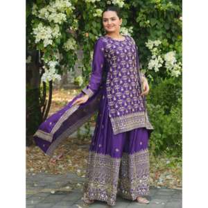 Ensemble de costume Sharara pour femmes Feni Fashion, couleur violette, avec broderie à paillettes, taille S - Product Image 2
