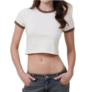 T-shirt court rose pour femme, manches courtes, col rond, tricoté, avec volants, décontracté, tendance printemps-été - Product Image 4