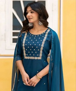 Conjunto de Kurta Azul Tradicional Bordado para Mujer con Dupatta, Largo Hasta el Tobillo, Ropa Étnica de India y Pakistán 85902 SAHAJANAND- SI:-374 - Product Image 2