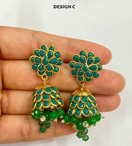 Pendientes Jhumka Pachchikari Hechos a Mano con Rubí, Esmeralda y Coral Natural, Chapados en Oro de 22K, Joyería India Tradicional para Novias y Fiestas - Product Image 1