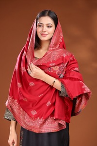 <b>Red</b> Banarasi Wool <b>Saree</b> Zari Border Traditional Indian Salwar Kameez Graduation Wedding Party Festival Women Recycled Materials - Product Image 5