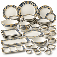 Service de vaisselle en mélamine motif clé grecque or marine avec assiettes, bols, tasses et plats de service buffet crème pour restaurants