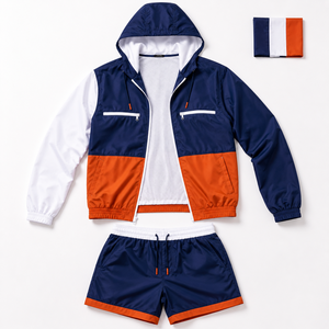 Ensemble survêtement homme personnalisé avec veste coupe-vent à capuche et short, color block, imperméable, en polyester, disponible en OEM/ODM - Product Image 5
