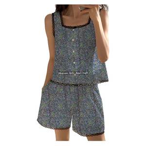Nuevo Conjunto de Pijama de Algodón con Encaje y Shorts, Estilo Bohemio Urbano para Mujer, Primavera/Verano, Estampado Floral, Sin Mangas - Product Image 4