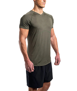 T-shirt de sport pour homme, vert olive, col en V, séchage rapide, manches courtes, coupe ajustée, tricoté en polyester, couleur unie, pour le fitness - Product Image 2