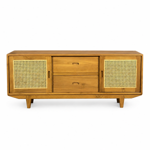 Buffet moderne en teck massif avec portes et tiroirs en rotin, meuble de rangement de style mid-century pour salon - Product Image 3