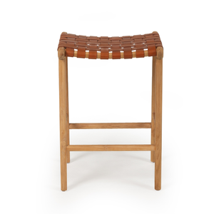Tabouret de bar en bois avec assise en cuir véritable, chaise de comptoir sans dossier, style moderne et rustique pour îlot de cuisine et café - Product Image 4