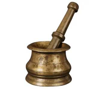 Mortier et pilon en laiton antique avec base incurvée, broyeur d'épices traditionnel en métal, écraseur manuel d'herbes, ustensile de pharmacie - Product Image 1