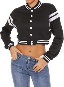 Women Varsity <b>Jacket</b> Black White Contrast Color Full <b>Sleeve</b> Button Up Collar <b>Short</b> Length Autumn Streetwear - Product Image 2