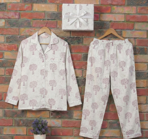 Beautiful Indian Handmade Woven <b>Thermal</b> Hand Block Solid Cotton Pajama Set <b>Women</b> Reversible V-neck Long Sleeves Spring Quick Dry - Product Image 4