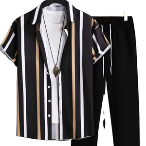 Ensemble de costume homme grande taille à rayures, avec broderie et impression de logo personnalisés OEM, chemise à manches courtes et pantalon, pour le commerce transfrontalier - Product Image 1