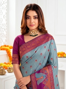 Sari Tradicional de Seda Azul Púrpura con Motivo de Elefante para Mujer, Estilo Indio-Pakistaní, Protección Solar, para Bodas y Playa - Product Image 2