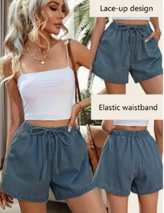 Shorts en jean décontractés pour femme, taille élastique avec cordon de serrage, coupe ample, taille mi-haute, pour l'été - Product Image 5