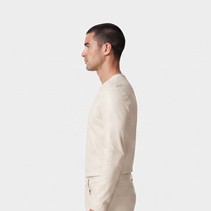 T-shirt en cuir véritable à col en V pour homme, T-shirt en cuir à manches courtes pour homme, T-shirts en cuir à manches longues pour homme - Product Image 3
