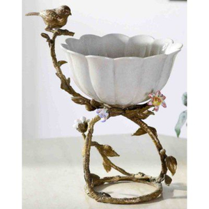 Birds And Leaves Designer High Grade Gold Plated Aluminum <b>Casted</b> Base With White <b>Powder</b> Coated Luxury Food Serving Bowl Supplies - Product Image 1