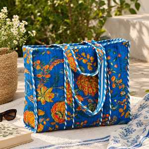 Large Vintage Floral <b>Quilted</b> Cotton Tote Bag with <b>Velvet</b> Lining & Chains Soft Casual Reusable for Daily Use & Travel - Product Image 3