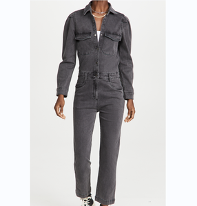 Women Denim Jumpsuit Full Sleeve Button Up Collar Solid Color Casual Long Length Breathable Midweight Cotton Spring Wear - Product Image 6