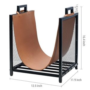 Modern Steel Log Holder with Brown Leather Accents Rectangle <b>Firewood</b> Storage <b>Rack</b> Powder Coated Finish - Product Image 6
