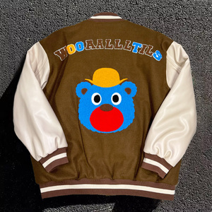 Men's Maroon 100% Wool Eco-Friendly Thick Varsity Jacket O-Neck Collar <b>Covered</b> <b>Button</b> Closure Winter Preppy Style Letter - Product Image 4