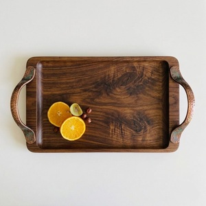 Bandeja de servir de madera de nogal oscuro de alta calidad con asas decorativas de cobre, bandeja de madera de estilo moderno para el hogar y restaurantes. - Product Image 1