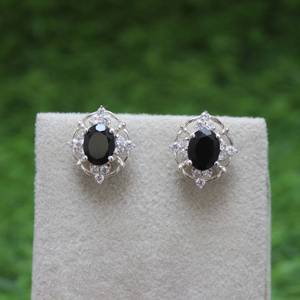 Oval Black Onyx Stud <b>Earrings</b> 925 Sterling Silver <b>Handmade</b> CZ Halo Elegant Jewelry Gift For Women Fashion <b>Earrings</b> - Product Image 1