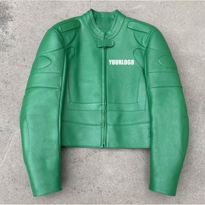 Blouson moto homme en cuir PU vert décontracté pour l'hiver, col mandarin, fermeture éclair, couleur unie, coupe ajustée, logo frontal fini - Product Image 1