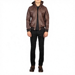Veste décontractée unisexe en cuir véritable marron et toile matelassée coupe-vent, coupe ajustée, fermeture éclair, col mandarin, pour l'hiver - Product Image 2