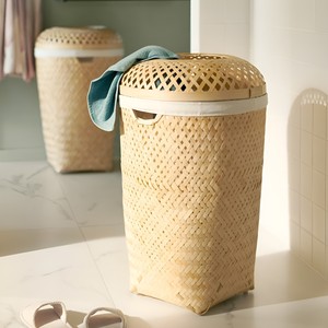 Stackable storage <b>basket</b> with lid hot selling decorative colored <b>bamboo</b> bins woven laundry bin - Product Image 5