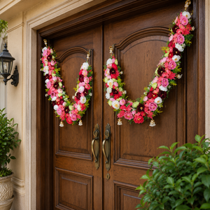 Paire de Torans Floraux Artificiels Rose Blanc Rouge avec Pompons de Perles – Décoration Moderne Écologique en Plastique pour la Maison - Product Image 6