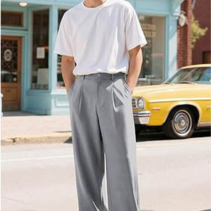 Pantalones Casuales de Corte Holgado con Presillas para Cinturón, Cómodos, de Mezcla de Algodón, para Oficina o Trabajo, Estilo Relajado - Product Image 6