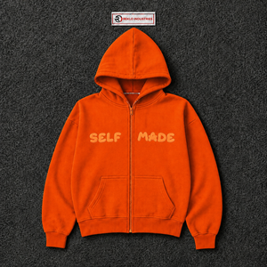 Herren-Kapuzenpullover in Orange mit Reißverschluss, Puff-Print und Eigenstil-Schriftzug, Lässiger Herbst-Streetwear, Locker Geschnitten, Casual Hoodie im Angebot - Product Image 5