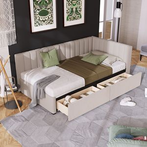 Divano letto imbottito in tessuto di lino beige con 2 cassetti contenitore, struttura letto singolo, non necessita di rete a molle - Product Image 1
