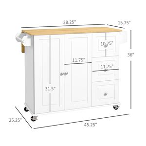 Carrello da Cucina Moderno Portatile con Piano Ribaltabile Bianco, 3 Cassetti, Top in Legno di Quercia Naturale, Porta Spezie e Porta Asciugamani - Product Image 3