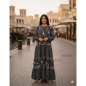 Vestido Maxi de Algodón con Estampado Floral para Mujer, Estilo Boho, Manga 3/4, Cuello Redondo, Vestido Casual - Product Image 1