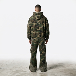 Mens <b>Camouflage</b> <b>Cargo</b> Tracksuit Zip Up Hoodie Rhinestone Embroidery Wide Leg Pants Custom Streetwear Sportswear Set - Product Image 2