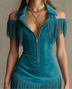 เดรสคอร์เซ็ทสีเขียวอมฟ้าแต่งชายครุย ไหล่เปิด ซิปหน้า ผ้าหนังกลับเทียม ทรงเข้ารูป มินิเดรสสีเขียวอมฟ้าแต่งชายครุย - Product Image 1