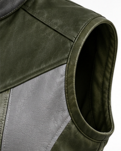 <b>Men's</b> <b>Leather</b> <b>Vest</b> Stand Collar Moto Biker Style Zipper Closure Color Blocked - Product Image 3