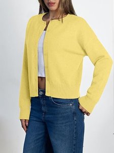 Women Yellow Knitted <b>Cardigan</b> Long <b>Sleeve</b> Crew Neck Single Breasted Button <b>Crop</b> Sweater - Product Image 2