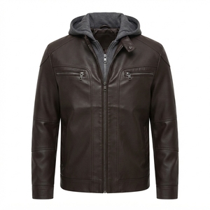 Blouson de moto en cuir PU personnalisé pour homme, col montant, capuche amovible, fermeture éclair, décontracté, imperméable, teint uni, OEM, vente en gros - Product Image 3