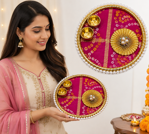 Ensemble de plats Roli Chawal pour Puja, Karwa Chauth et cadeaux de mariage, base en MDF avec tissu décoratif, ensemble de thali fait main - Product Image 4