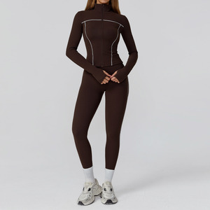 Conjunto de Yoga Transpirable de Spandex/Nylon al por Mayor, Chaqueta con Cremallera y Leggings de Color en Contraste, Ropa de Gimnasio y Fitness de 2 Piezas, Secado Rápido - Product Image 2