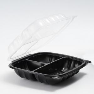 Contenedor de Alimentos para Llevar de Plástico Negro con 3 Compartimentos y Tapa Transparente, Diseño Moderno Desechable, Contenedor de PP Bicolor con Bisagras - Product Image 1