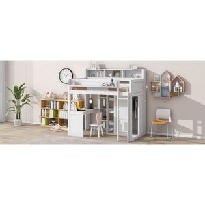 Letto a soppalco in legno bianco per bambini, singolo, con ripiani multipli e armadio - Product Image 4