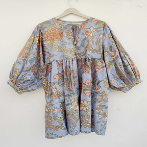 Robe midi décontractée en coton tissé pour femme, manches ballon, taille empire, style babydoll, été, 100 % coton, coupe oversize, col en V, motif floral - Product Image 2