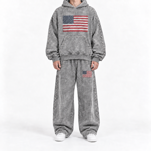 Gray Washed Tracksuit With American Flag Print And <b>Studs</b> Streetwear Hoodie And Pants Set Loose Fit Full Length Autumn Unisex - Product Image 1