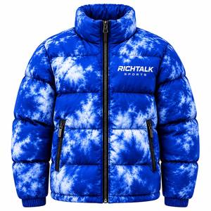 Blouson matelassé à capuche tie-dye pour homme, coupe-vent, sportif, épais, avec fermeture éclair frontale, logo bleu, coupe régulière, tissu personnalisé - Product Image 1