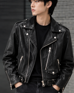 Veste de motard en cuir véritable noir pour homme, col rabattu court, fermeture éclair, ceinture à rivets - Product Image 6