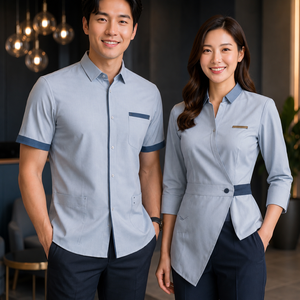 Chemise unisexe à manches courtes bleu clair avec pantalon marine en coton respirant sans coutures pour adultes - Product Image 5
